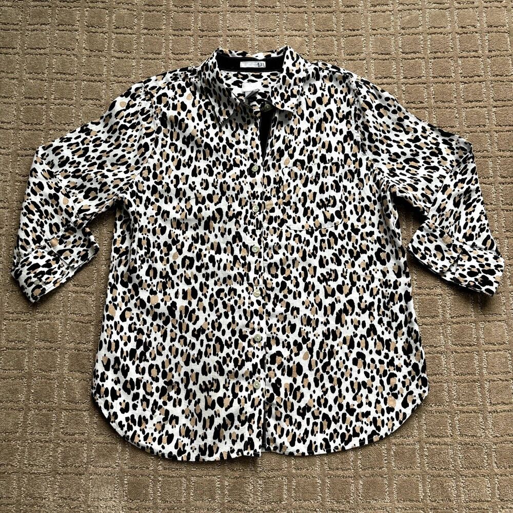 Chico's Linen Button Down Shirt Women's S Cheetah Animal Print 3/4 Sleeve Top